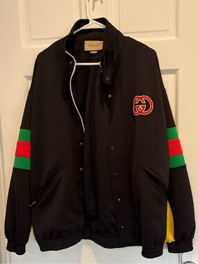 Gucci Black Bomber Jacket with Red & Green Sleeve Stripes